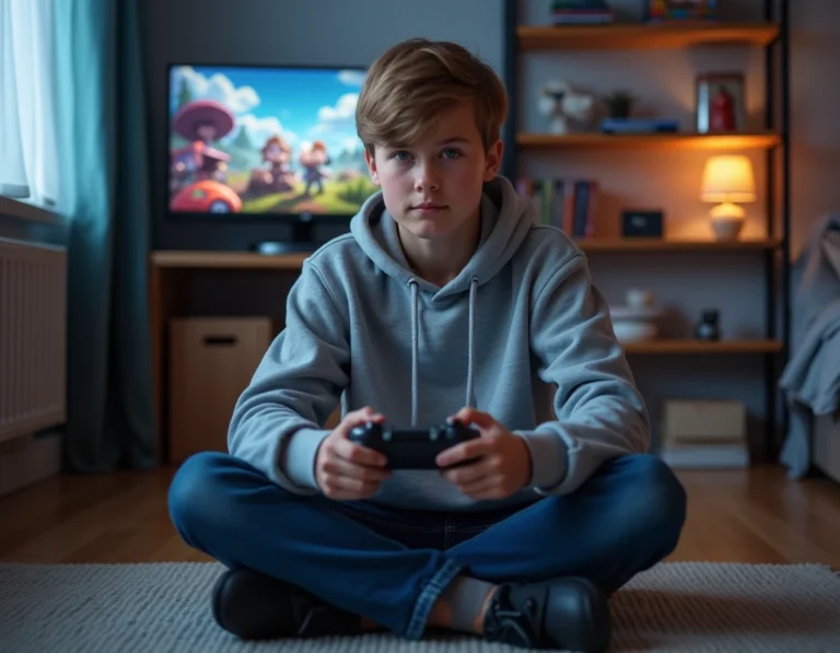 Adolescent concentré jouant aux jeux vidéo dans sa chambre avec manette et setup gaming moderne