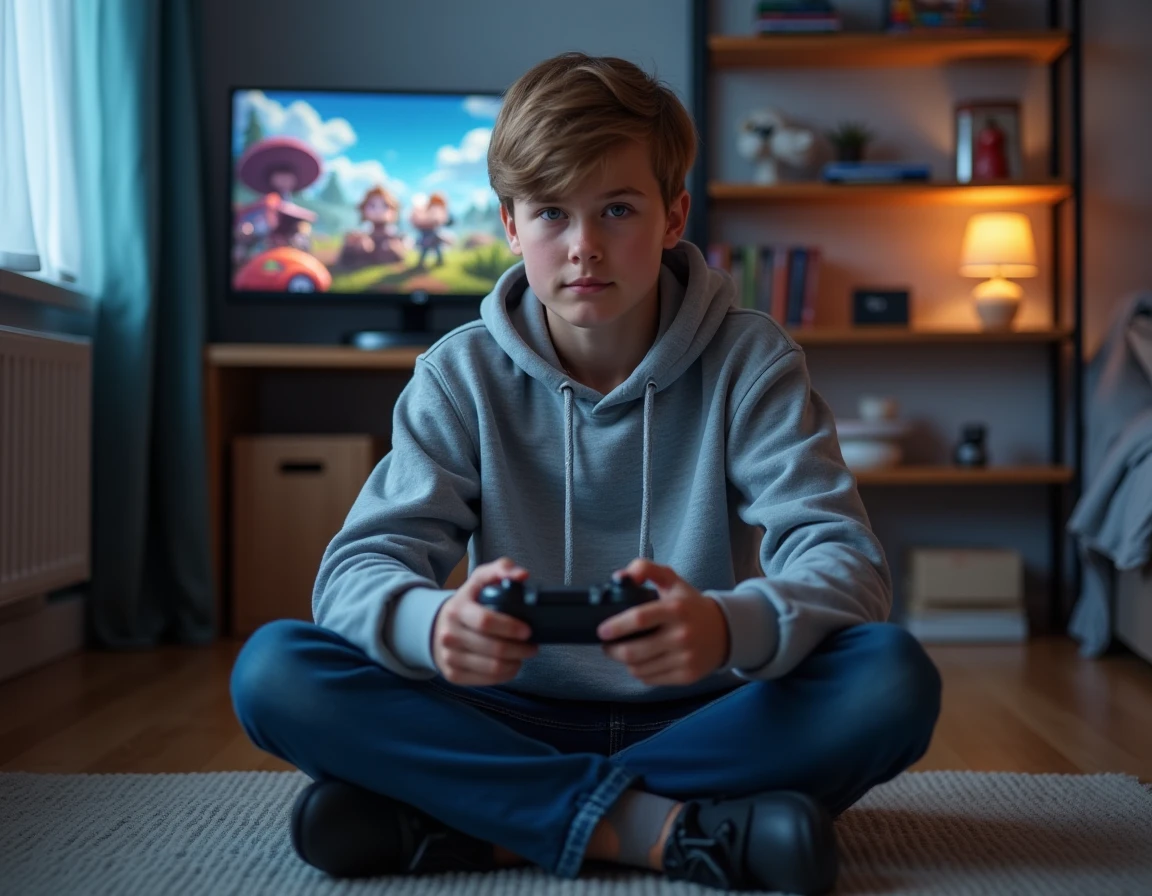 Adolescent concentré jouant aux jeux vidéo dans sa chambre avec manette et setup gaming moderne