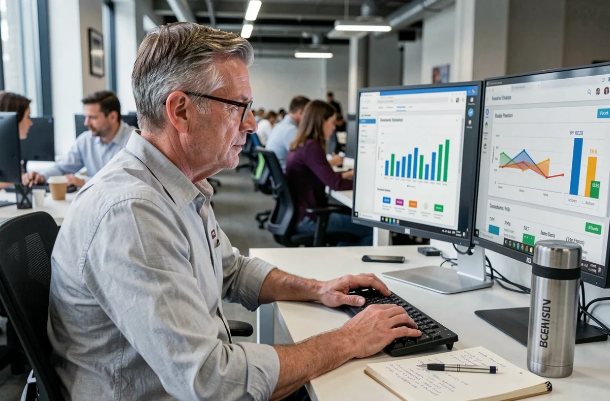 Entrepreneur analysant des indicateurs de performance B2B sur des écrans dans un espace de coworking