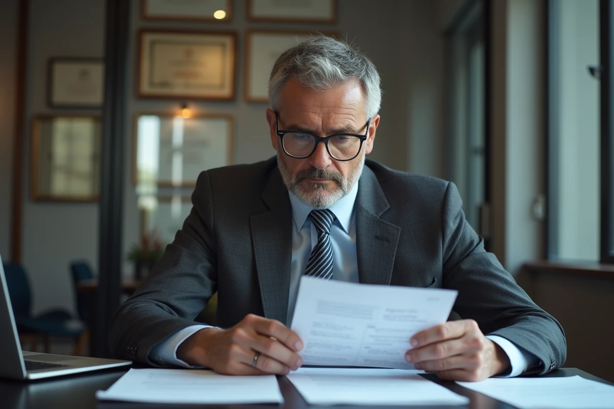 Avocat en droit de la famille examinant un dossier de pension alimentaire dans son cabinet à Marseille