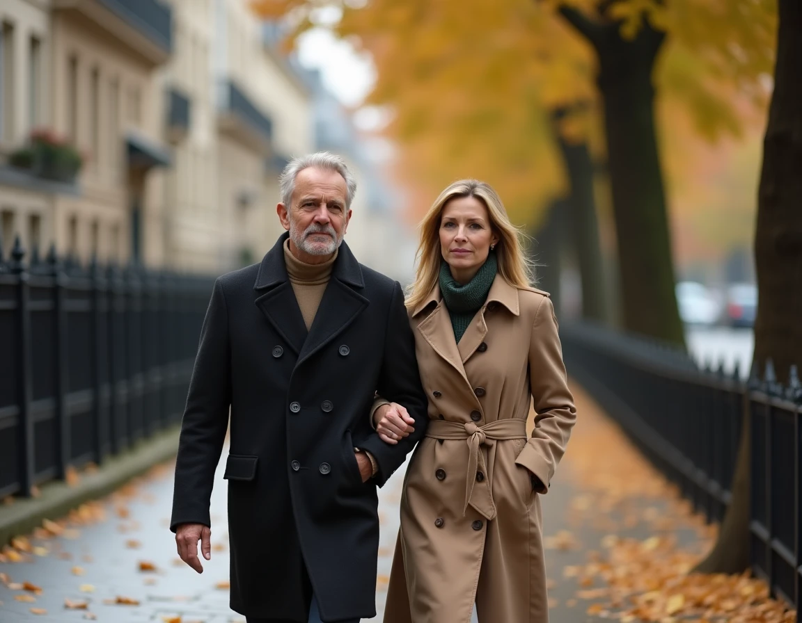 Couple discret se promenant sur un boulevard parisien en automne, illustrant la vie amoureuse et privée de Bruno Jeudy et son épouse