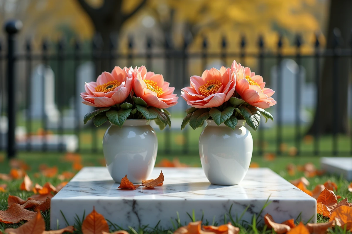 Duo de arrangements floraux en céramique sur une tombe en marbre