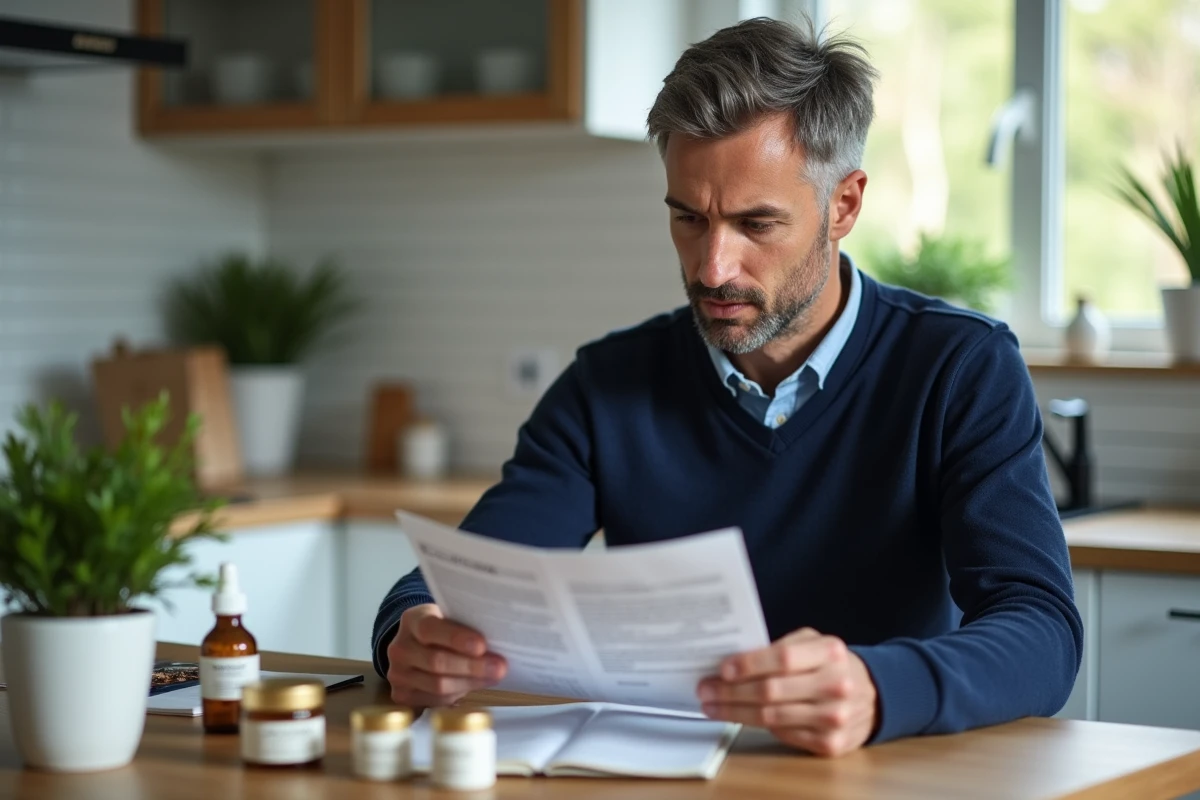 Homme comparant des produits spécialisés à la maison avec une documentation détaillée