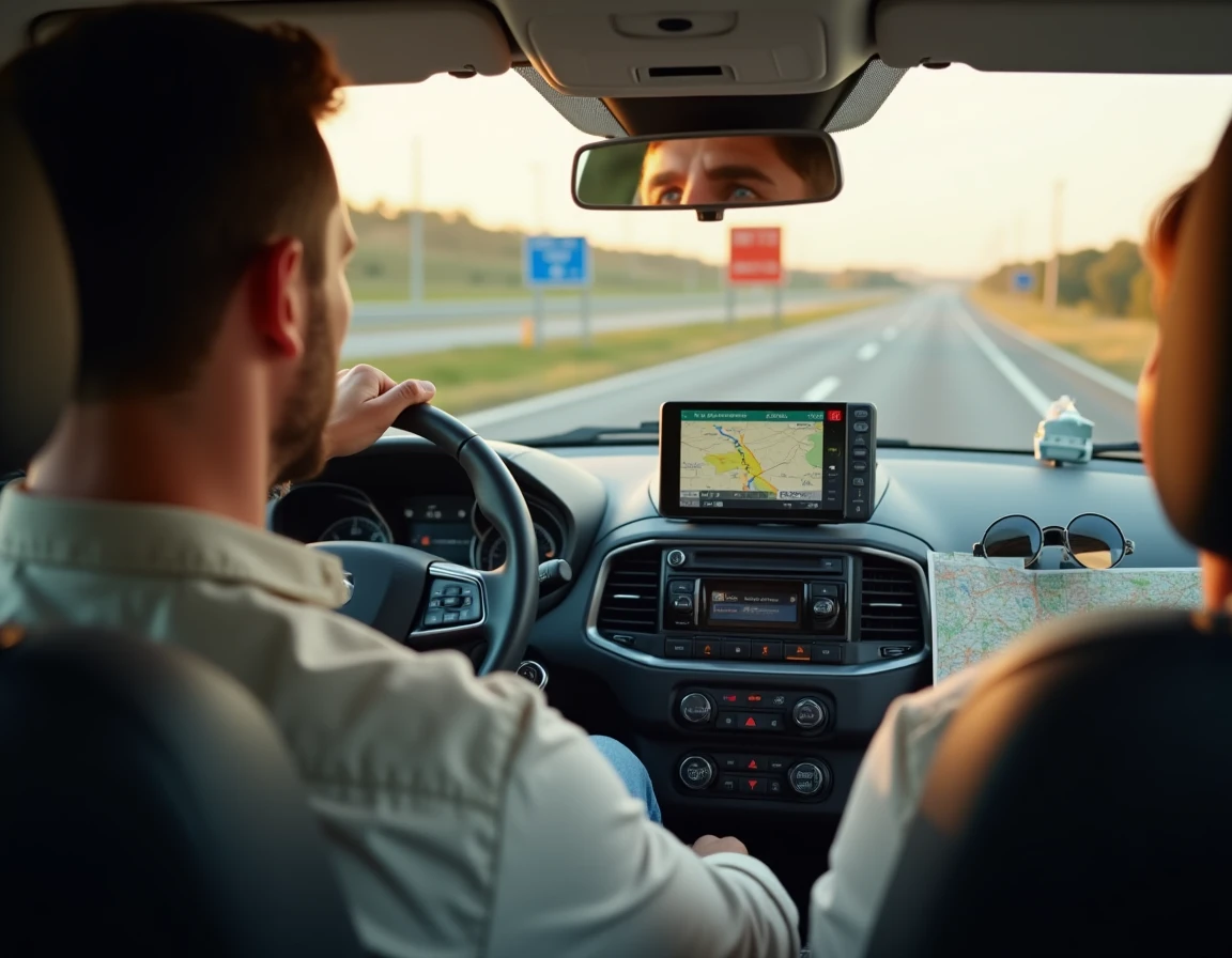 Conducteur consultant son GPS en voiture sur une route espagnole pour identifier les autoroutes gratuites