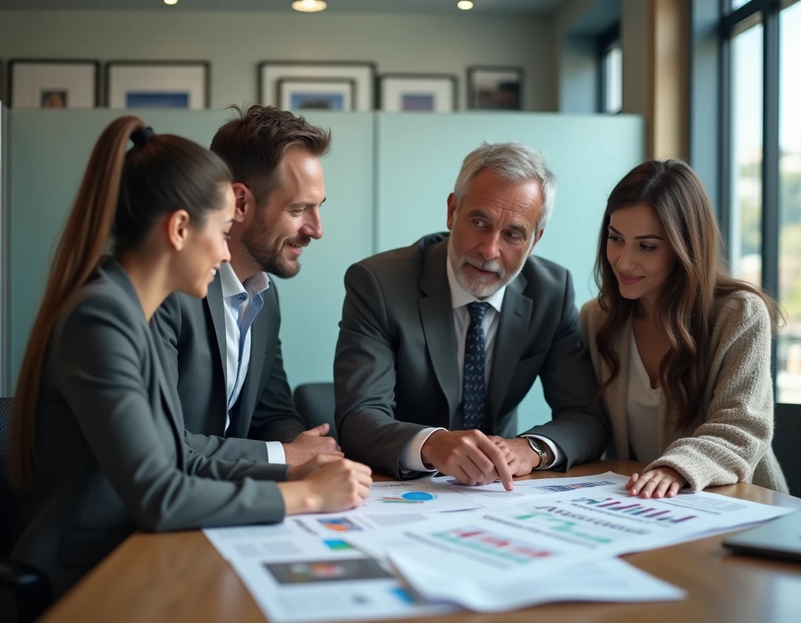 Conseiller en assurance immobilière expliquant un comparatif de contrats à un jeune couple dans un bureau professionnel