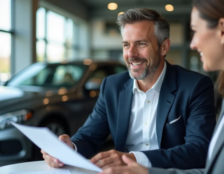 Conseiller automobile expert présentant des options de véhicule à un couple dans un showroom moderne