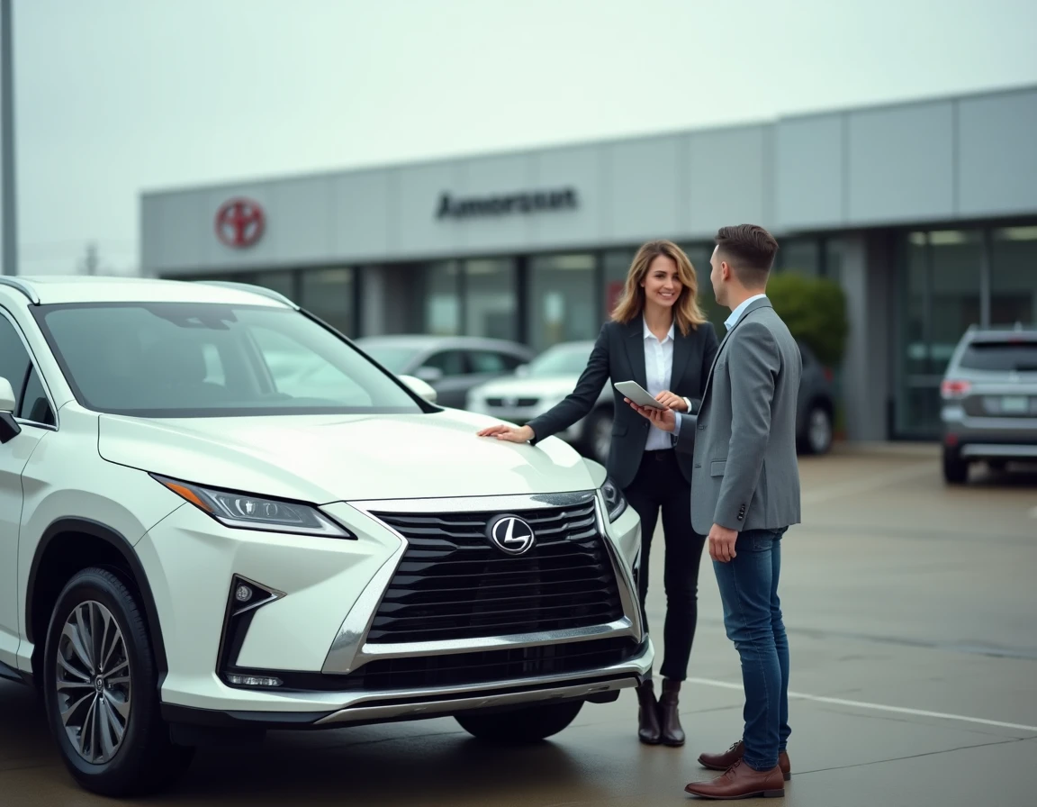 Conseillère automobile expliquant les caractéristiques d'un SUV à un client dans un parking de concession