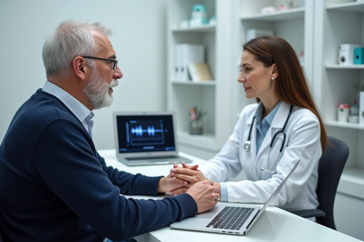 Consultation audiologique entre un patient malentendant et une audiologiste présentant la solution Clarivox en cabinet médical