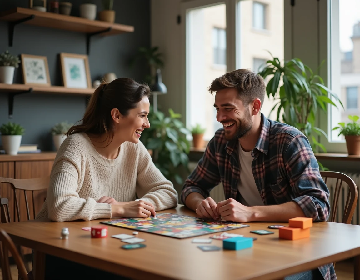 Couple d'adultes jouant à un jeu de société moderne autour d'une table en bois dans un appartement cosy