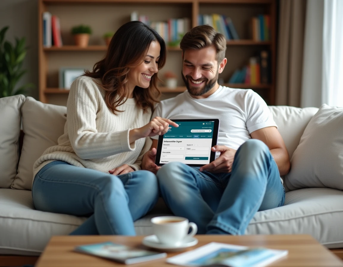 Couple planifiant un voyage Opodo avec option de paiement en plusieurs fois sur une tablette