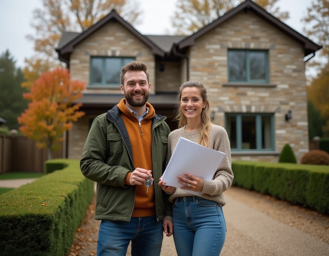 Couple de propriétaires devant leur maison tenant des clés et un contrat d'assurance habitation
