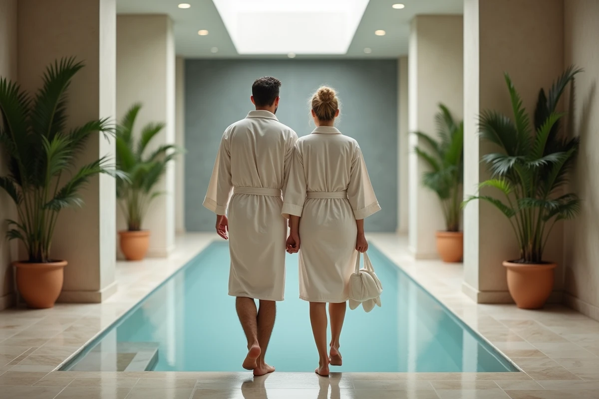 Homme et femme en robes coton dans un spa élégant