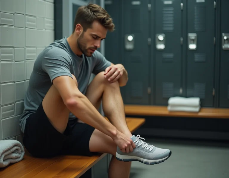 Coureur examinant la corne épaissie sous son pied après l'entraînement dans un vestiaire sportif