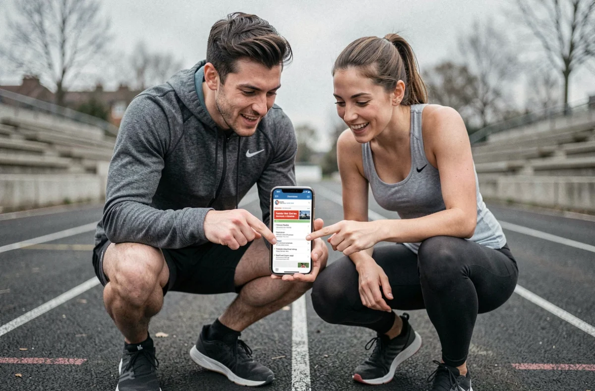 Deux coureurs consultant la carte du site Mordu de Sport sur un smartphone lors d'une session d'entraînement