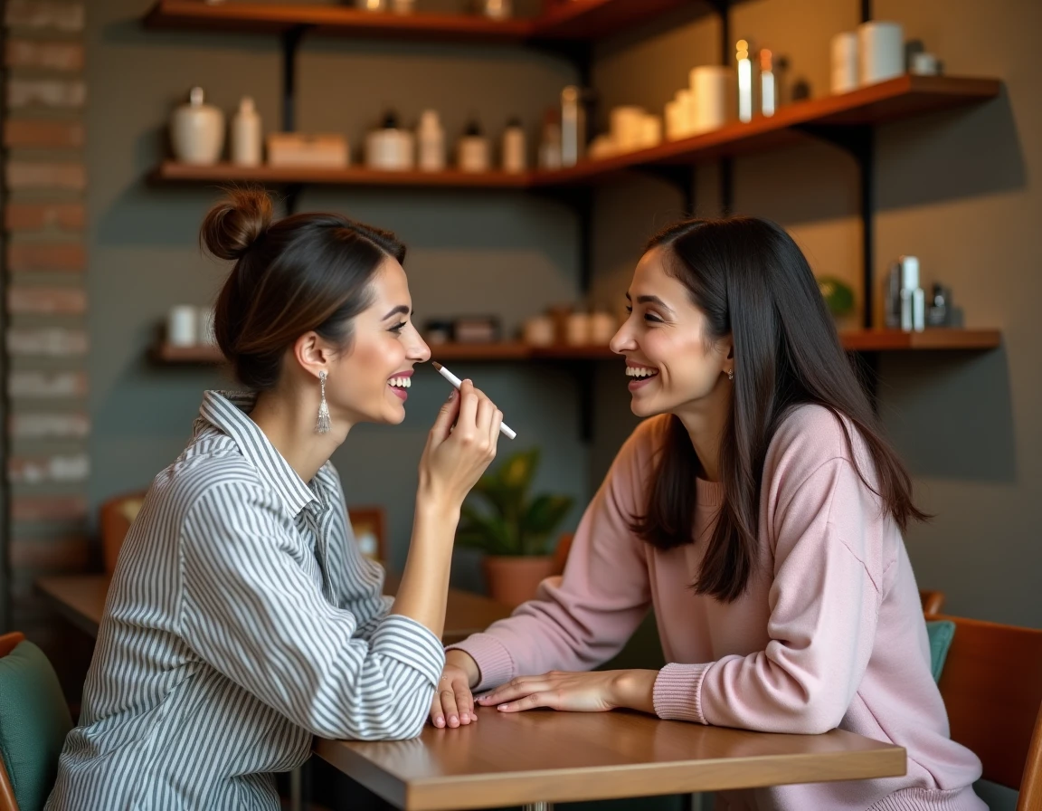 Deux femmes dans un studio beauté apprenant des techniques de contouring maquillage dans une ambiance chaleureuse