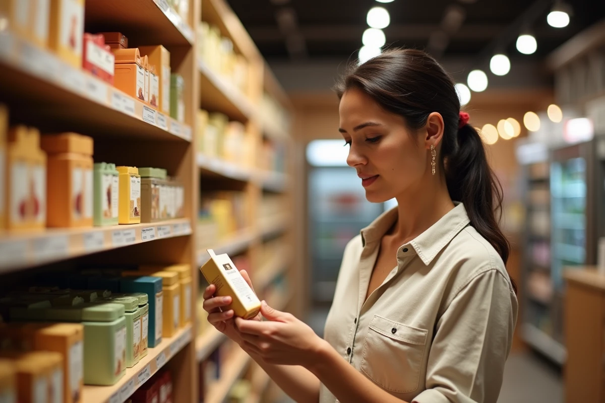 Femme découvrant de nouveaux produits dans une boutique spécialisée aux rayonnages en bois