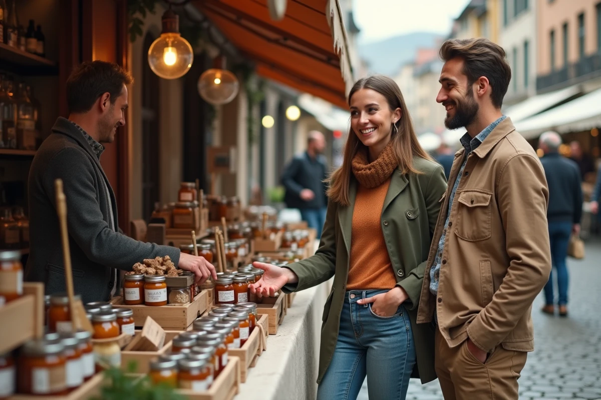 Deux personnes découvrant des produits artisanaux sur un marché extérieur avec un vendeur
