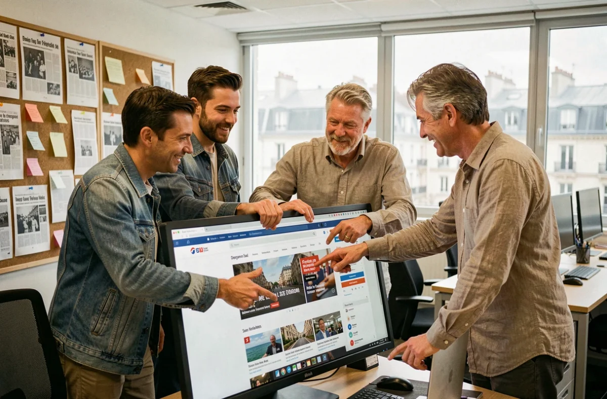 Une équipe de journalistes discute des dernières actualités du site Pulsion Laval dans une salle de rédaction
