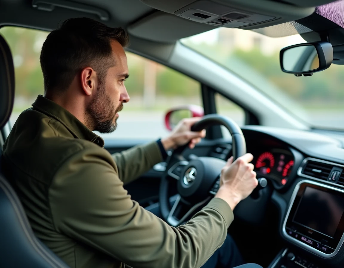 Client au volant d'une voiture lors d'un essai guidé avec un conseiller automobile