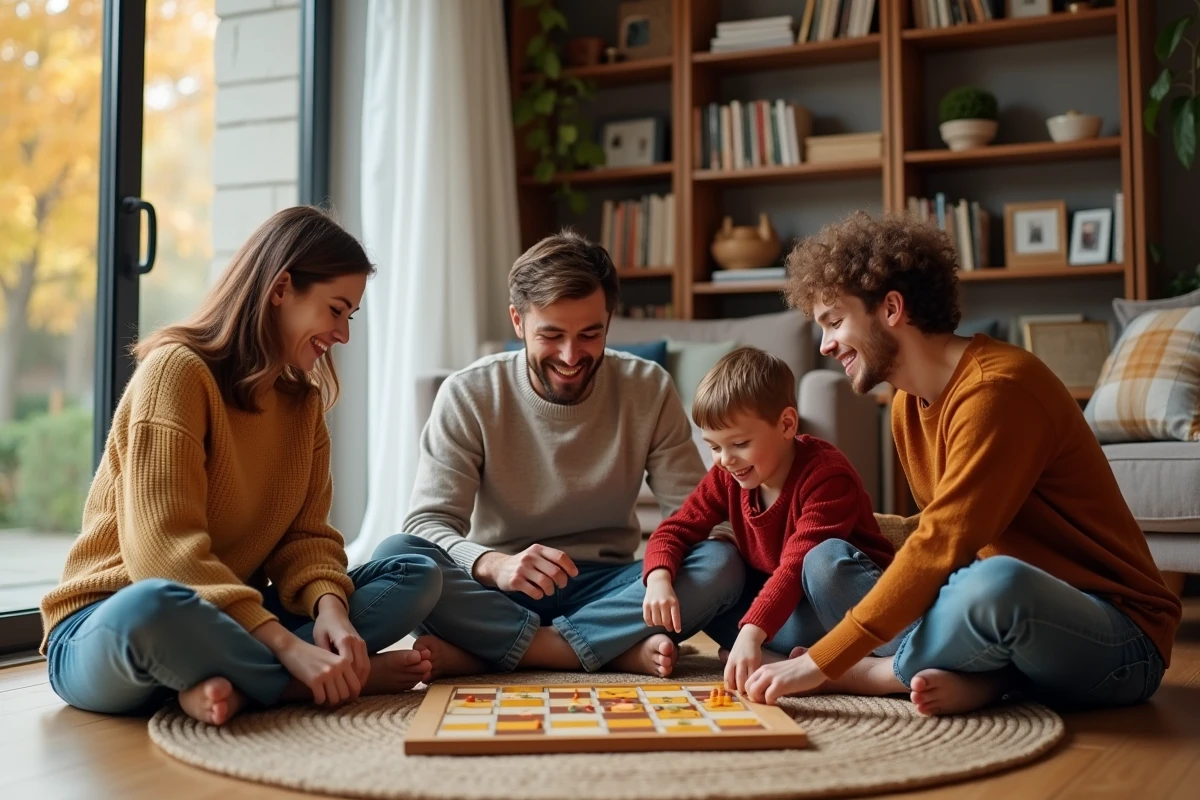 Parents et enfants jouant ensemble à un jeu de société sur un tapis en jute dans un salon cosy avec bibliothèque et jardin automnal en arrière-plan