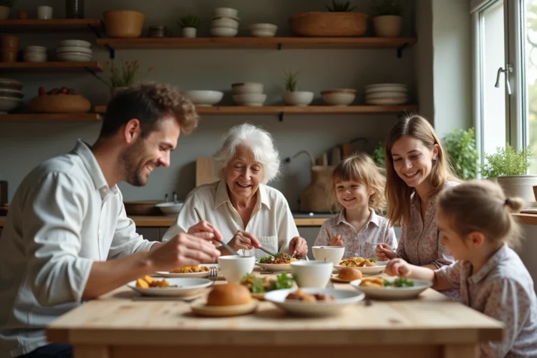 Famille multigénérationnelle partageant un repas convivial autour d'une grande table en bois dans une cuisine chaleureuse de style scandinave