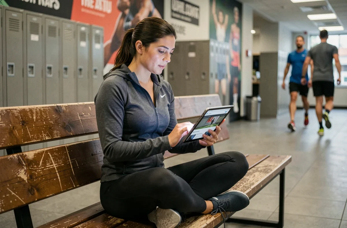 Femme athlète consultant une carte de site sportif sur une tablette dans un complexe sportif moderne