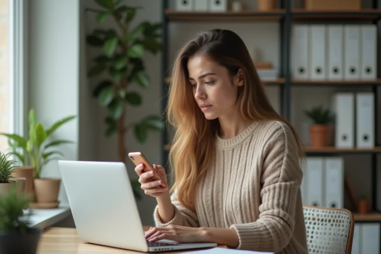 Femme au bureau moderne utilisant un ordinateur portable