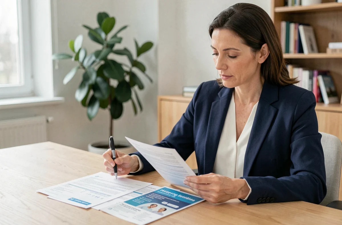 Femme dans la quarantaine comparant des offres de complémentaire santé sur son bureau à domicile