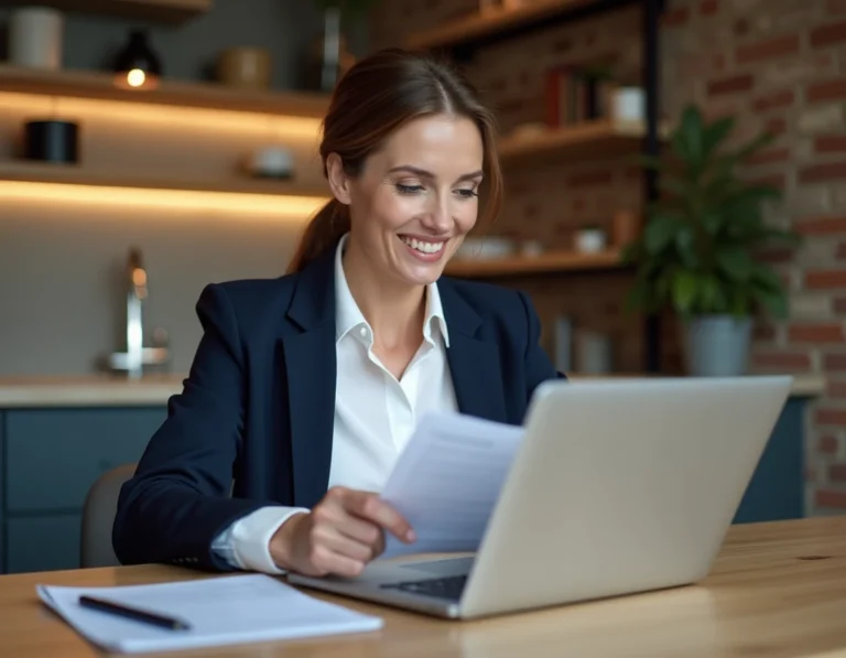Femme consultant des documents d'assurance immobilière sur une table en bois dans un appartement moderne