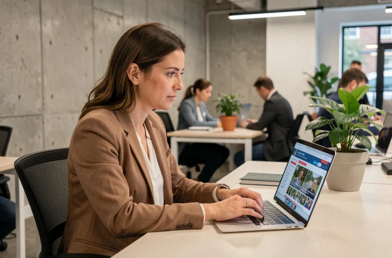 Une femme consulte le site d'actualités Pulsion Laval sur son ordinateur portable dans un espace de travail moderne