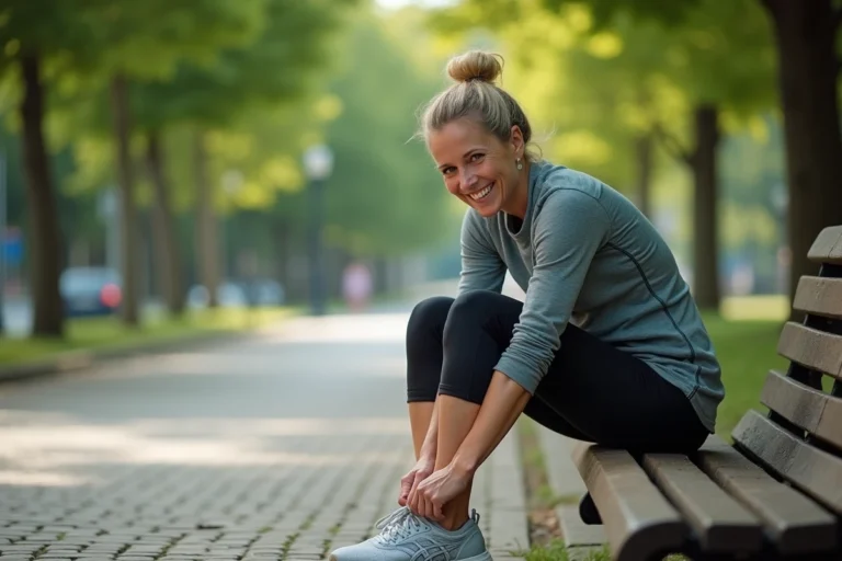 Femme en tenue de sport nouant ses chaussures dans un parc