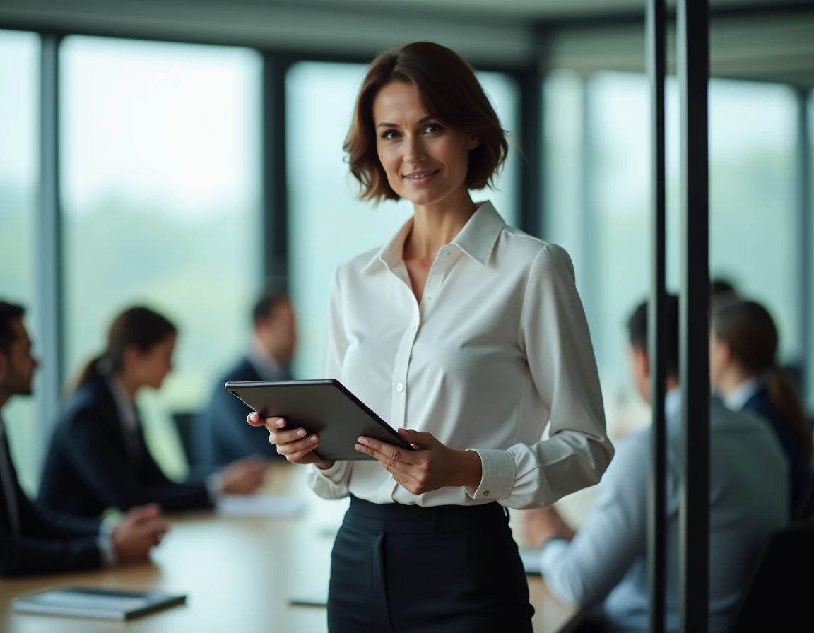 Femme investisseuse consultant des données boursières sur une tablette lors d'une réunion d'affaires