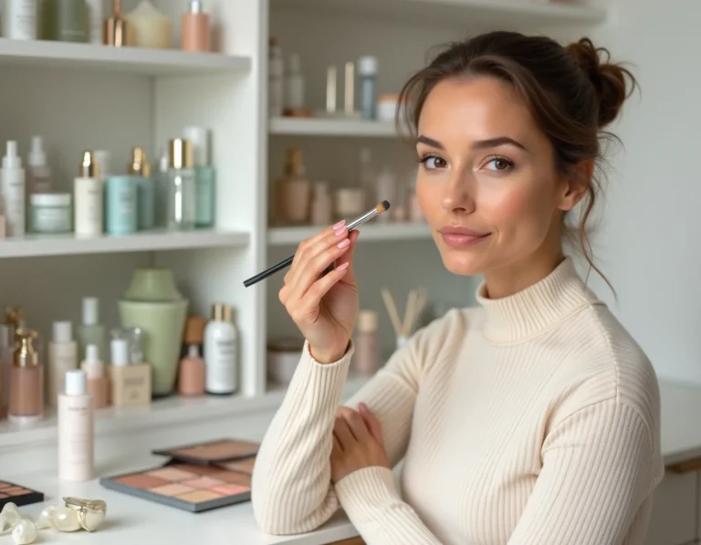 Femme appliquant du maquillage devant une coiffeuse parisienne élégante avec produits de beauté en arrière-plan