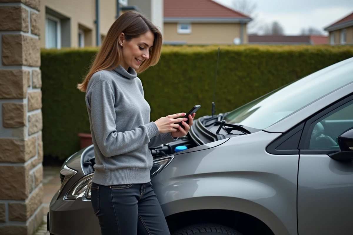 Femme consultant son smartphone à côté d'une Peugeot 2008 capot ouvert dans une allée résidentielle, cherchant des informations sur le voyant service