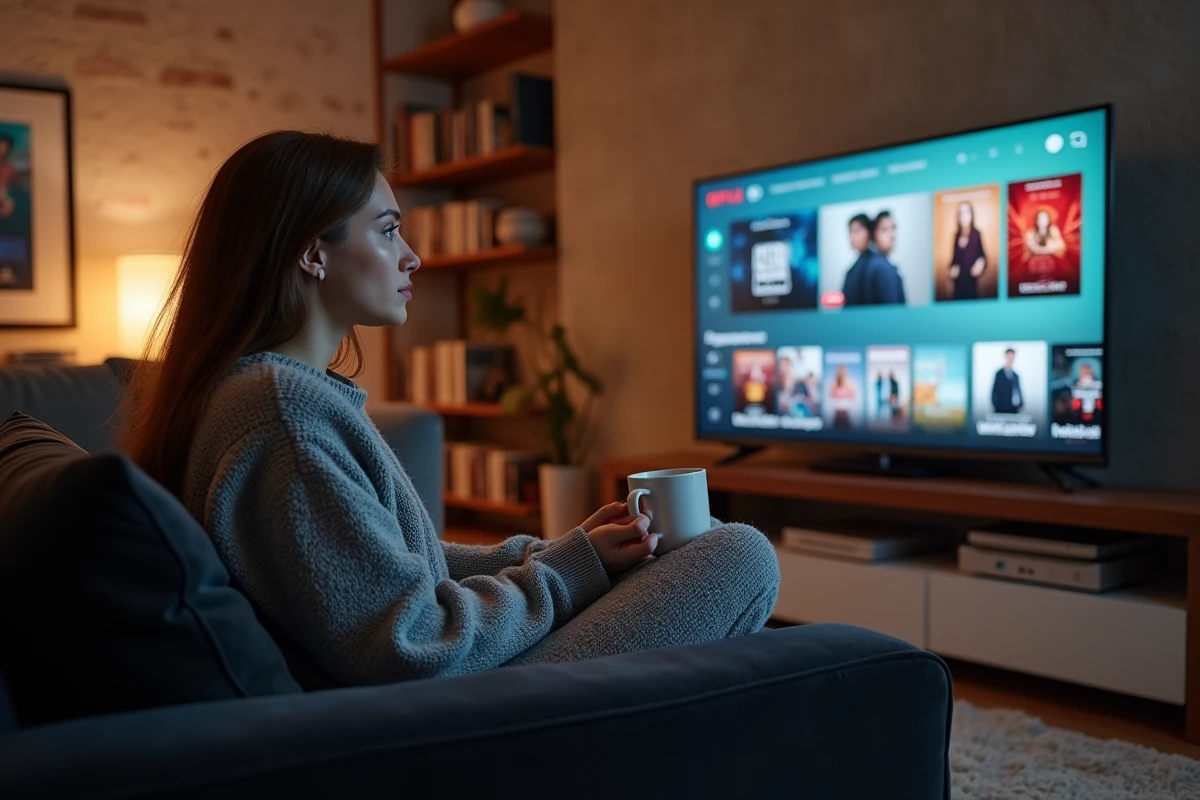 Jeune femme regardant un site de streaming sur un grand écran de télévision dans un salon moderne et cosy
