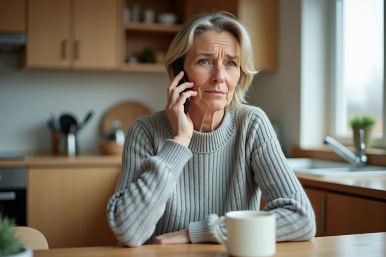 Femme tenant un smartphone et regardant l'écran avec une expression interrogative, illustrant la question sur la surtaxe de l'indicatif téléphonique 05