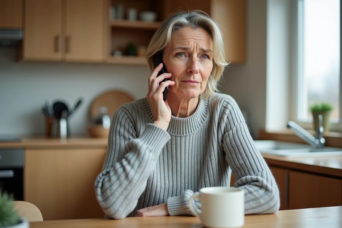 Femme tenant un smartphone et regardant l'écran avec une expression interrogative, illustrant la question sur la surtaxe de l'indicatif téléphonique 05