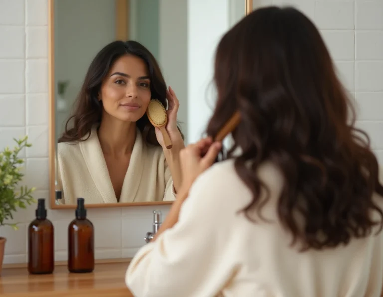Femme aux cheveux bruns se brossant les cheveux devant un miroir avec des produits capillaires Bio Densyl et Levona Paris posés sur la coiffeuse