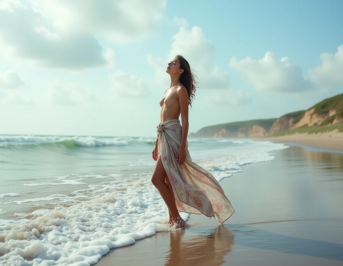 Femme debout dans les vagues en paréo coloré sur une plage atlantique, les yeux fermés dans une attitude sereine, ciel nuageux en arrière-plan