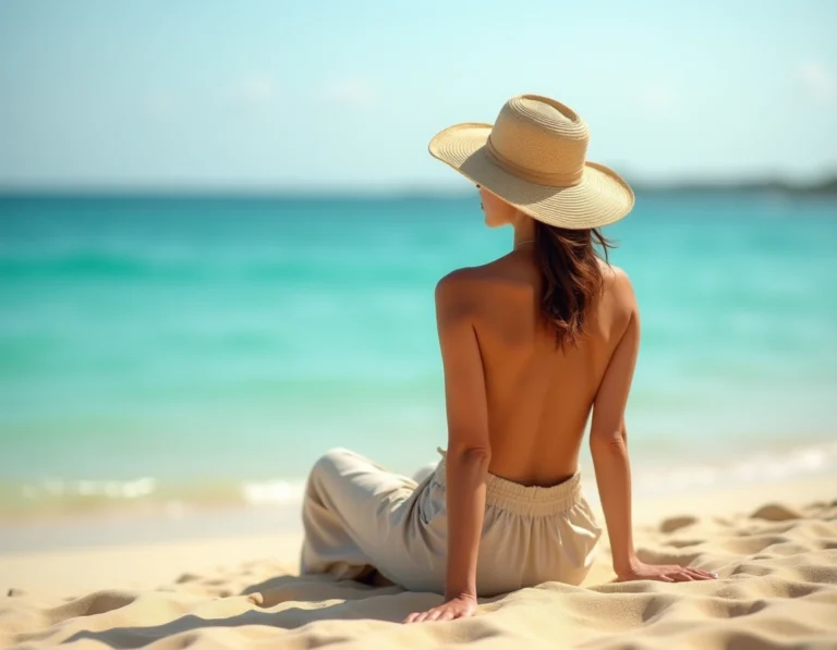 Femme de dos assise sur une plage méditerranéenne en haut de maillot, chapeau de paille et pantalon lin beige, regard tourné vers la mer turquoise
