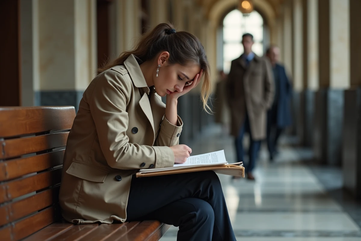Femme attendant seule dans un couloir de tribunal à Marseille avec ses documents de divorce et pension alimentaire