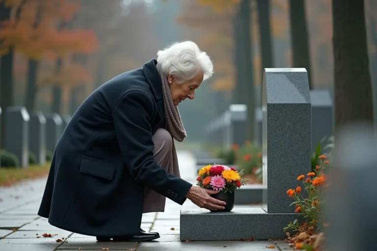 Femme âgée déposant une composition florale en céramique sur une tombe