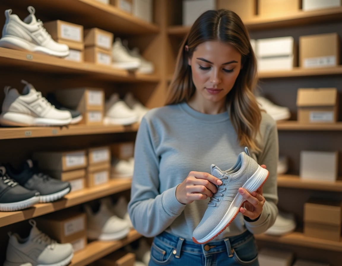 Femme examinant attentivement l'étiquette intérieure et la semelle d'une chaussure Skechers en magasin pour détecter une éventuelle contrefaçon