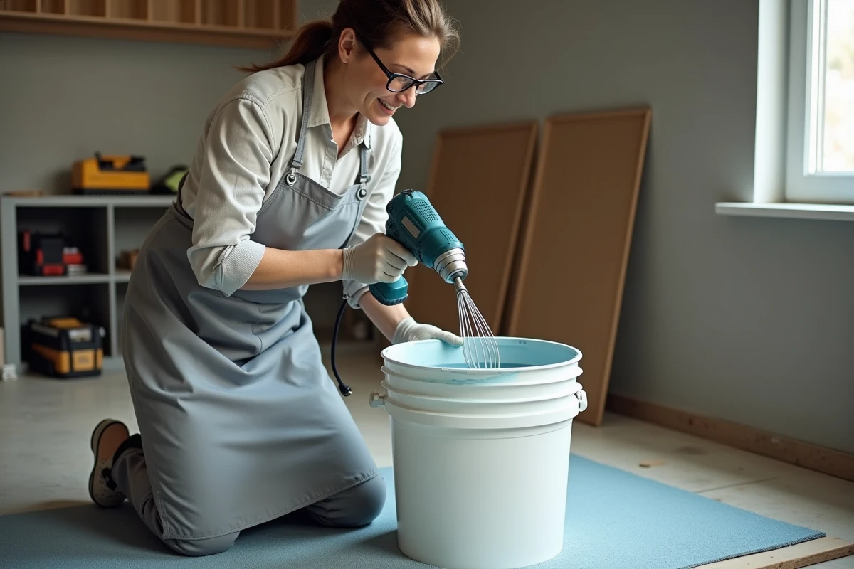 Femme mélangeant de la peinture à l'eau diluée au fouet mécanique basse vitesse pour éviter la formation de bulles d'air