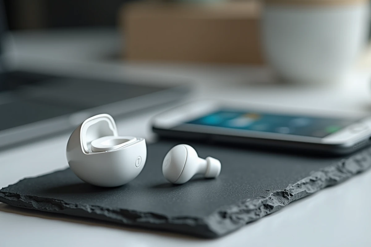 Gros plan sur l'appareil auditif Clarivox et son application smartphone, technologie innovante pour personnes malentendantes