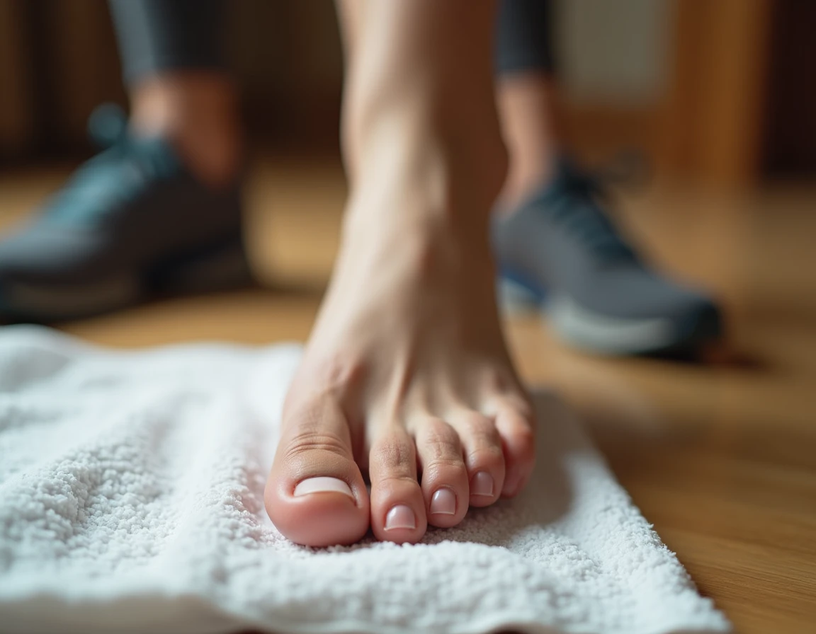 Gros plan sur la corne et les callosités du pied d'un coureur posé sur une serviette blanche