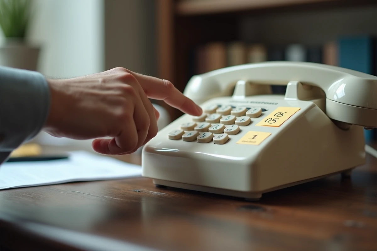 Gros plan d'une main composant un numéro sur un téléphone fixe avec une note affichant l'indicatif 05, illustrant les questions sur la gratuité ou la surtaxe