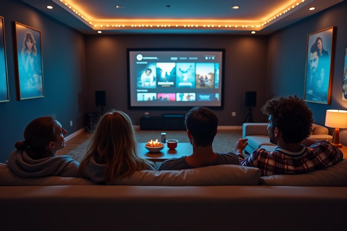 Groupe d'amis réunis dans une salle home cinéma pour regarder et discuter d'un site de streaming populaire