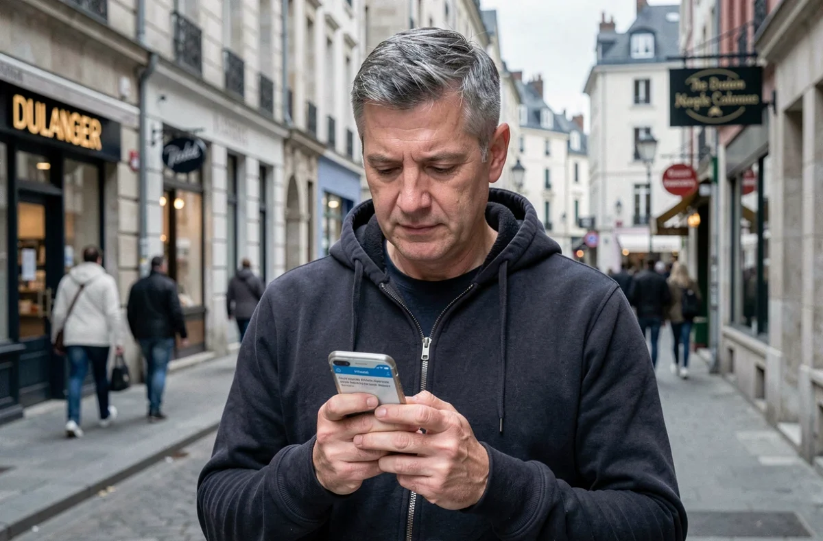 Un homme consulte l'application d'informations locales Pulsion Laval sur son smartphone dans une rue de la ville