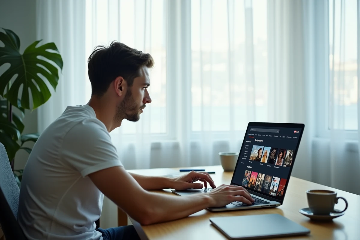 Homme analysant une plateforme de streaming sur un ordinateur portable dans un bureau à domicile minimaliste